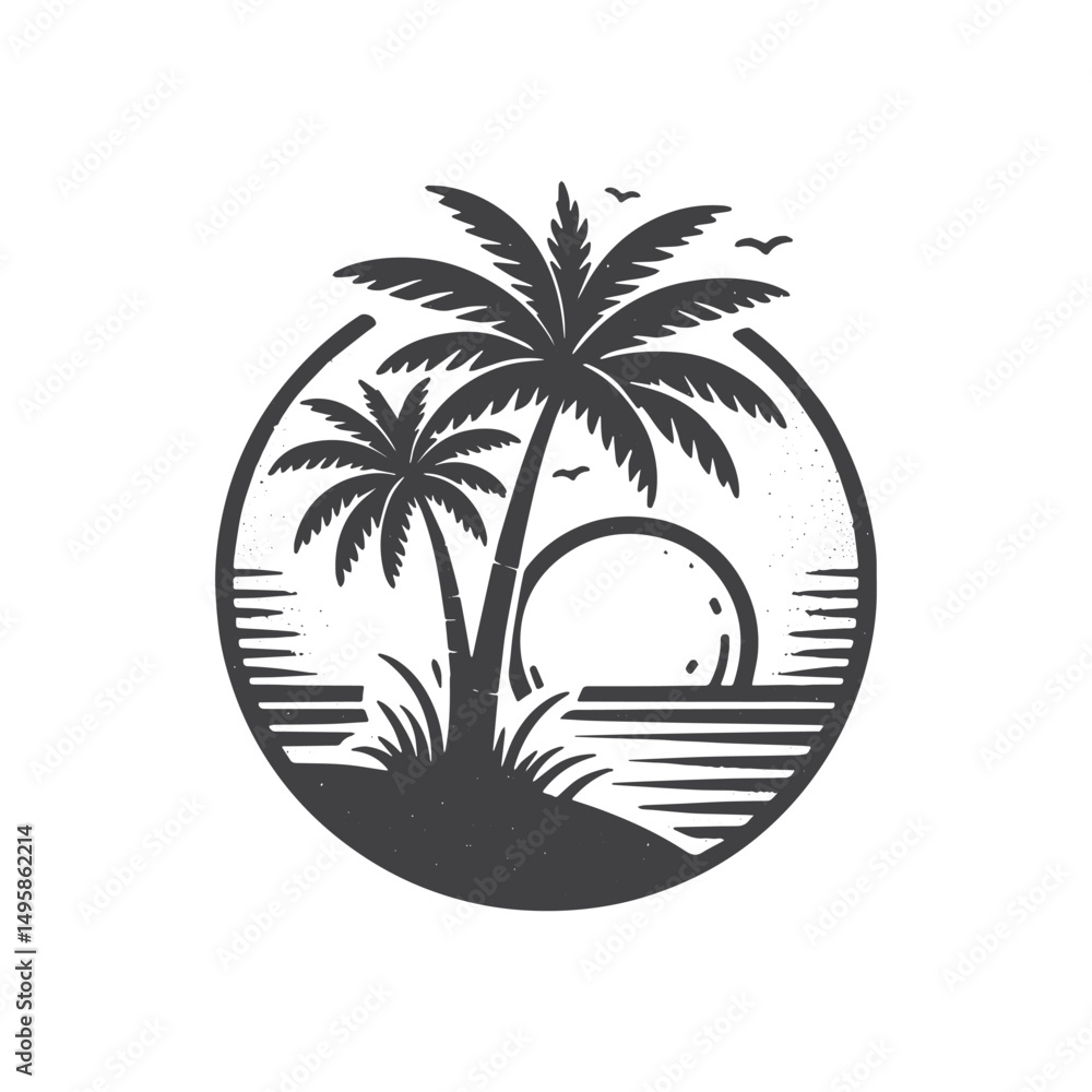 Fototapeta premium Vintage Hand-Drawn Coconut Palm Illustration – Sunset in Background Tropical Engraved Style Vector for T-Shirts, Posters, Stickers, and Island-Themed Apparel