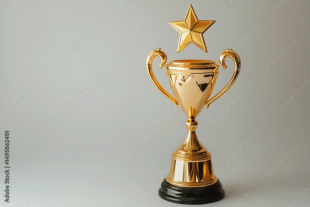 Gold trophy with star, representing achievement and excellence on a neutral gray background Gold trophy with star, representing achievement and excellence on a neutral gray background