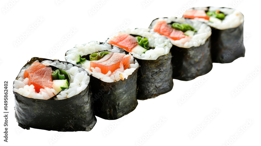 Fresh sushi rolls arranged neatly, showcasing vibrant ingredients and rice, with a clean background Fresh sushi rolls arranged neatly, showcasing vibrant ingredients and rice, with a clean background