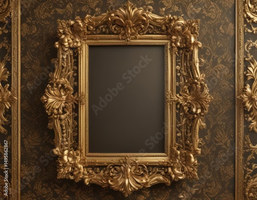 Intricate gold frames on rich damask, floral motifs , rich, textile, design