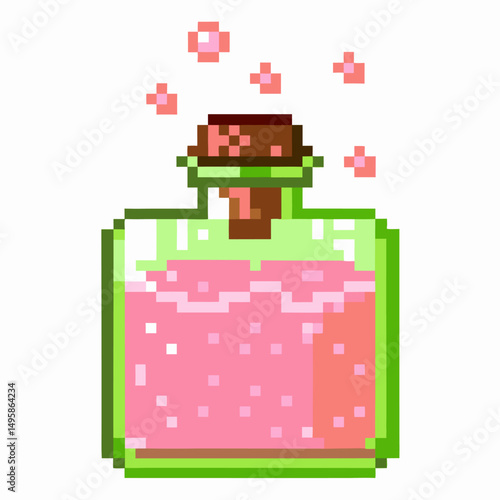 pixel art potion bottle with bubbling pink liquid retro video game style, pixelated magic elixir concept