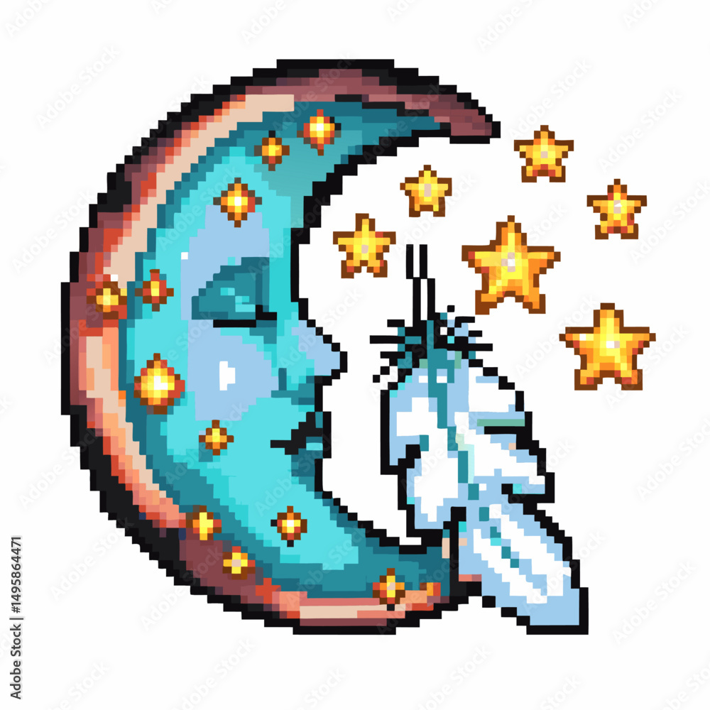 Fototapeta premium pixel art crescent moon face with stars and feather, mystical celestial night theme