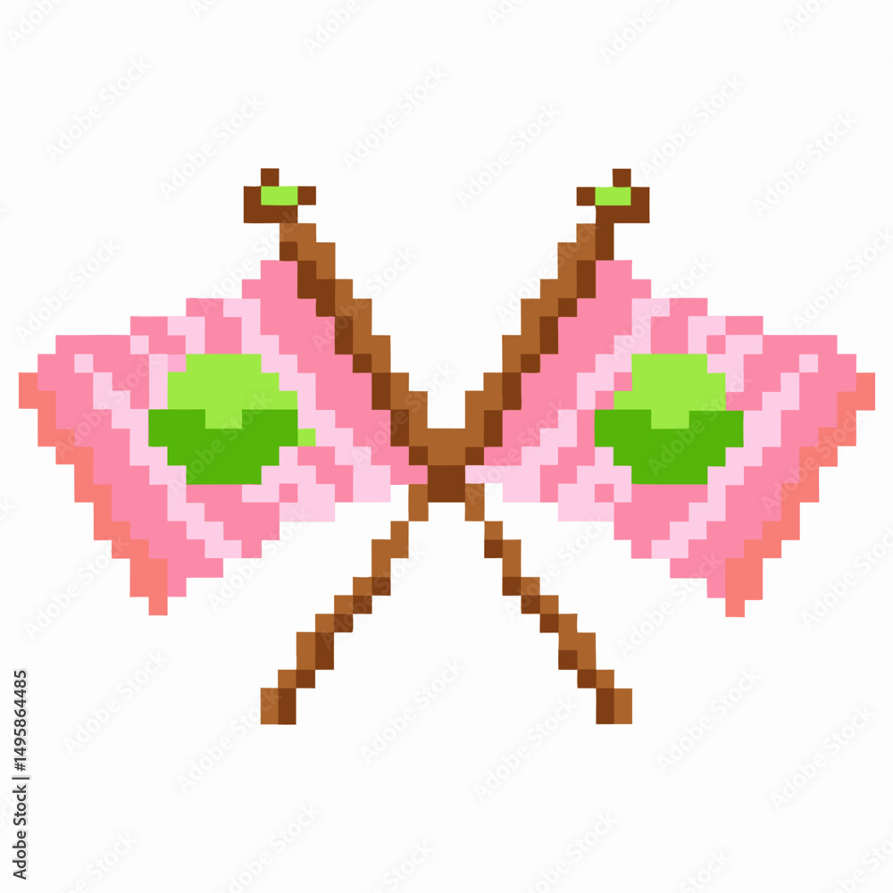 Obraz premium Pixel art butterfly illustration symmetrical wings, pink and green design, retro aesthetic, digital art