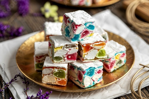 Square colorful Turkish sweets in powdered sugar