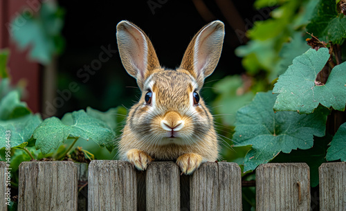 Rabbit peeking over a fence. A lively rabbit looks curiously over a wooden fence surrounded by green leaves in a sunny garden setting.