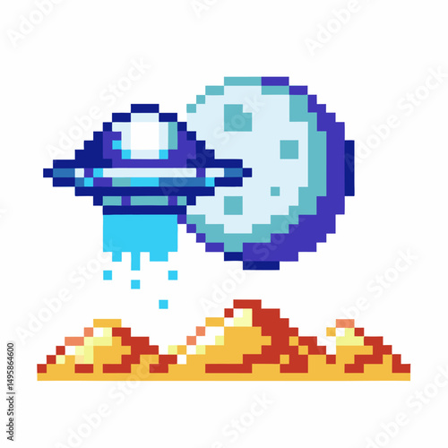 pixel art ufo hovering over landscape with a moon backdrop retro gaming style, extraterrestrial scene