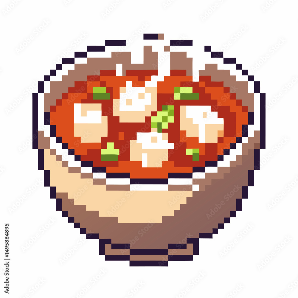 pixel art bowl of steaming soup with tofu and scallions pixel art bowl of steaming soup with tofu and scallions