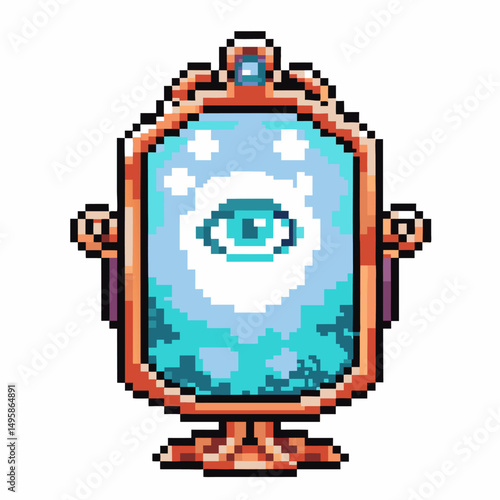 Pixel art mystical mirror, blue eye reflection fantasy magic object, retro digital design