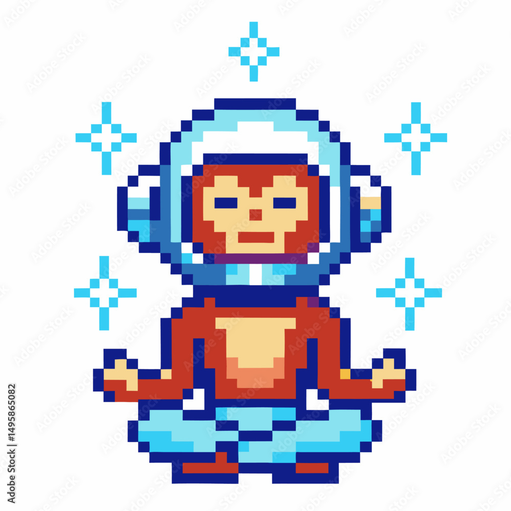 Pixel art meditating monkey in spacesuit surrounded by stars, cosmic mindfulness scene Pixel art meditating monkey in spacesuit surrounded by stars, cosmic mindfulness scene