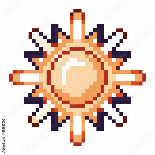 pixel art sun icon retro gaming sunburst design, vibrant orange and blue hues