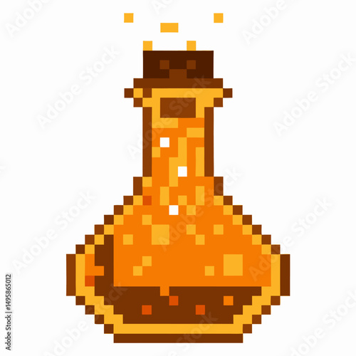 Pixel art potion bottle with bubbling orange liquid, retro gaming magic elixir concept