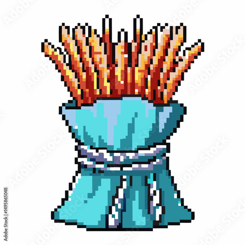 Pixel art illustration of classic crispy french fries in blue paper bag, retro digital