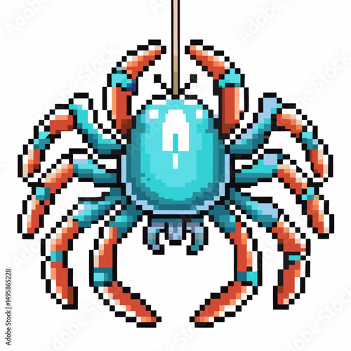 Pixel art vibrant hanging spider, blue and red hues, digital retro gaming design