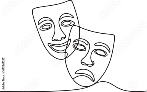 Greek theater mask drawn in continuous one line style representing comedy and tragedy expressions in minimalist elegant vector design

