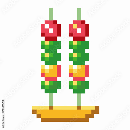 Pixel art of colorful skewered fruits retro digital style, vivid geometric food design