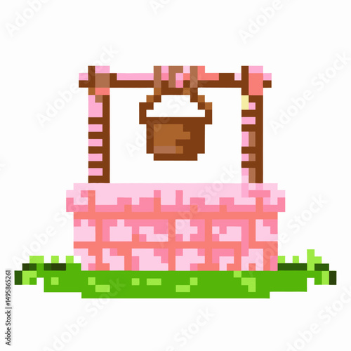 Pixel art wishing well nostalgic 8 bit style, pink bricks, wooden bucket