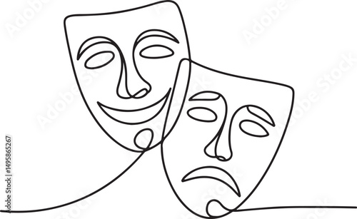 Greek theater mask drawn in continuous one line style representing comedy and tragedy expressions in minimalist elegant vector design


