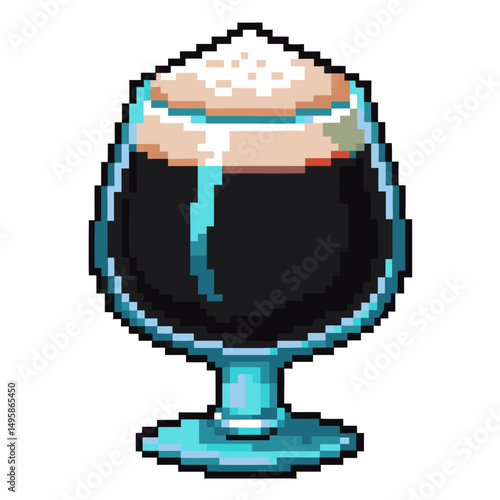 pixel art dark beer in glass with frothy top, retro beverage illustration