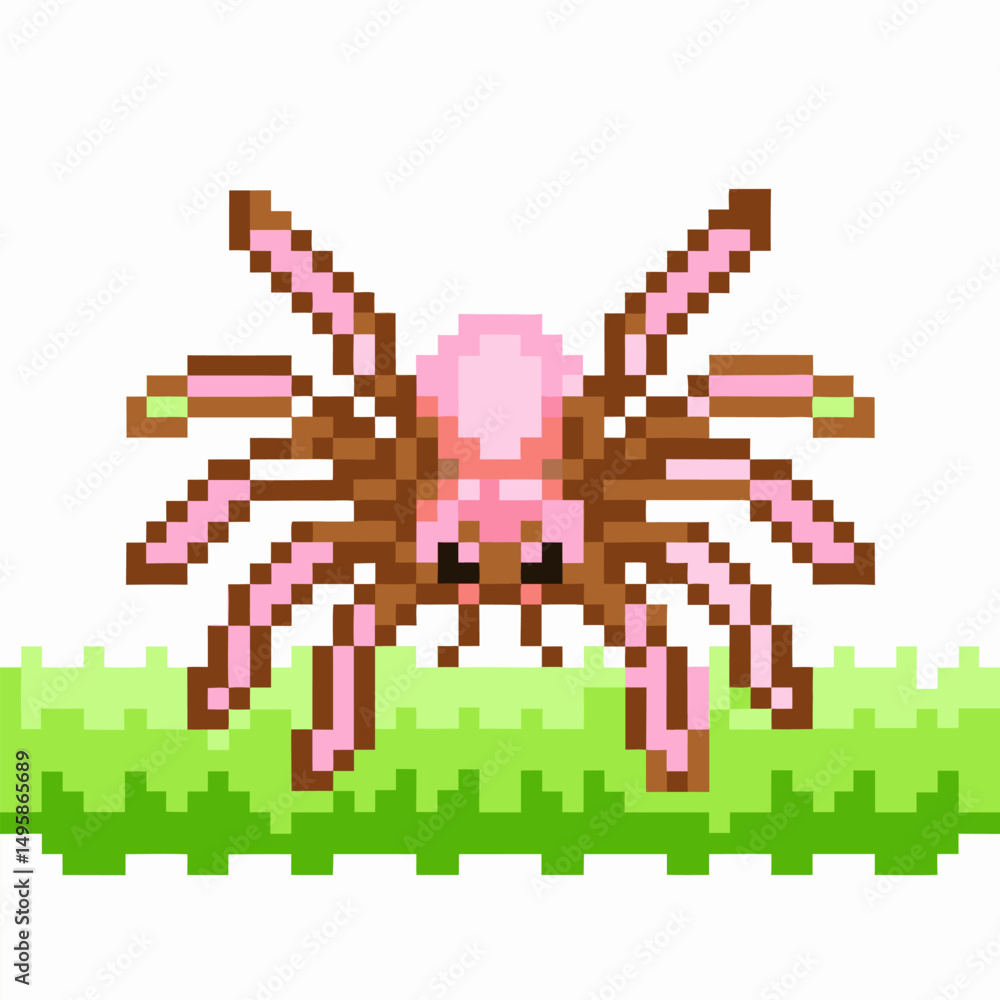 Fototapeta premium pixelated spider on grass platform in retro game art