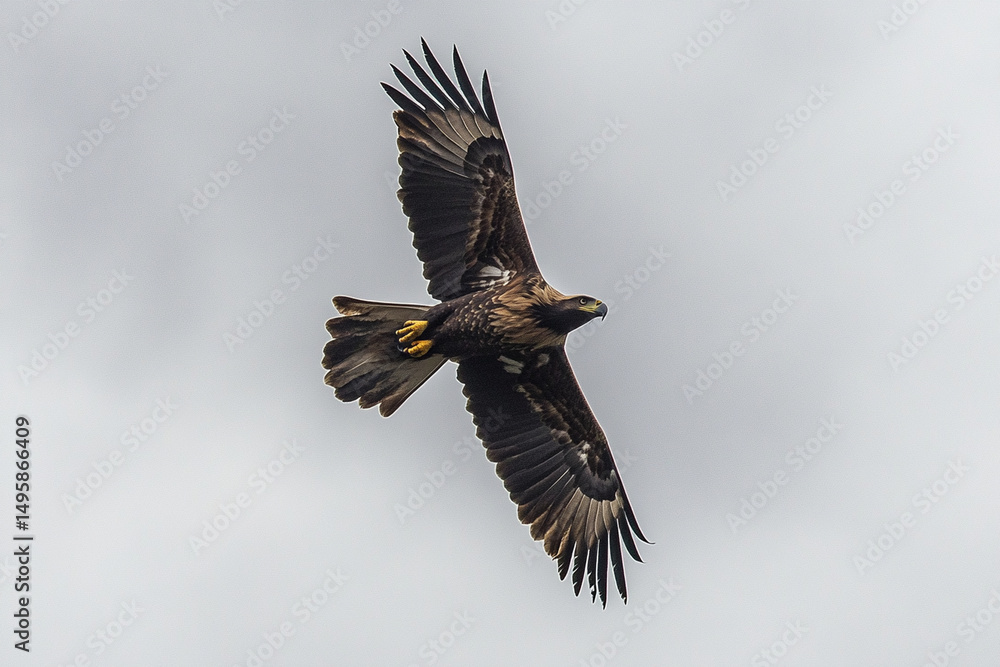 Obraz premium Majestic eagle soars above a stormy sky showcasing its powerful wings and keen hunting instincts