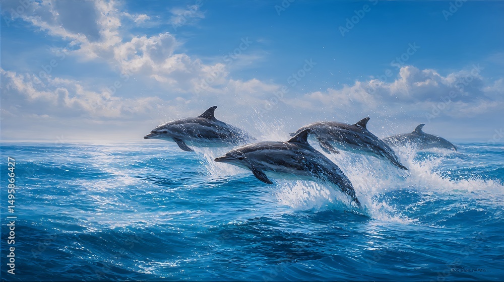 Fototapeta premium A vibrant school of dolphins leaps gracefully from the ocean, embodying the vitality and energy of marine life. .
