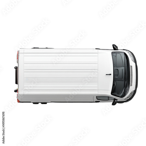 Top view of a white delivery van parked, showcasing its spacious cargo area and modern design, ideal for transport and logistics purposes. on transparent background