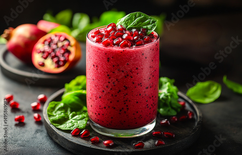 Wallpaper Mural Pomegranate spinach smoothie. A vibrant smoothie made with pomegranate seeds and fresh spinach sits on a dark surface, surrounded by fruit. Torontodigital.ca