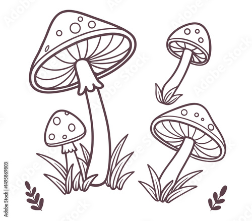 A charming cartoon red autumn mushroom and white fungi in the grass, a natural forest food illustration