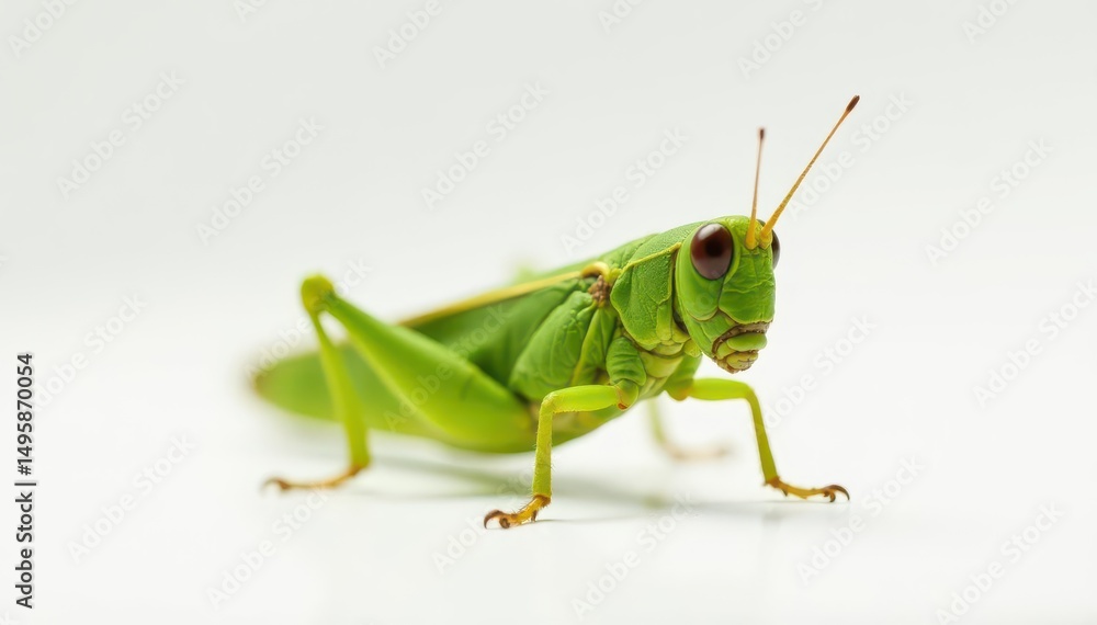 A single green grasshopper against pure white, nature photography, close-up A single green grasshopper against pure white, nature photography, close-up