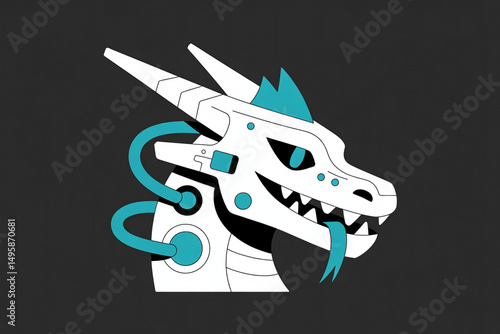 Stylized illustration of a white dragon head with cyan accents, cybernetic features, and a playful expression


