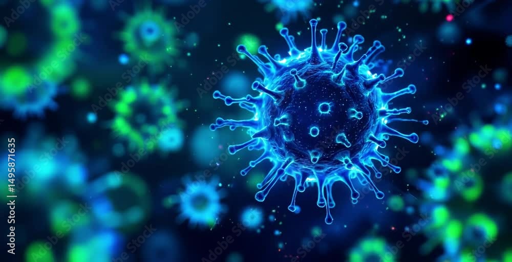 Microscopic digital visualization immune system cells glowing in green and blue, showing virus interaction Futuristic style, CGI render Concepts immunity, infection, microbiology, science, protection Microscopic digital visualization immune system cells glowing in green and blue, showing virus interaction Futuristic style, CGI render Concepts immunity, infection, microbiology, science, protection