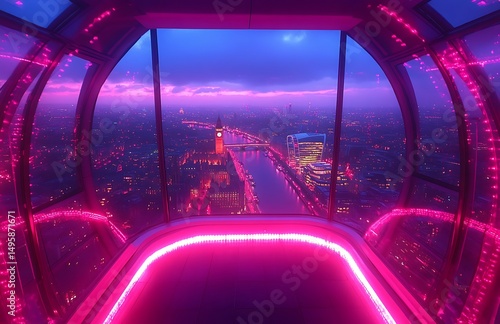 Illuminated pink and blue london cityscape viewed from futuristic illuminated observation pod