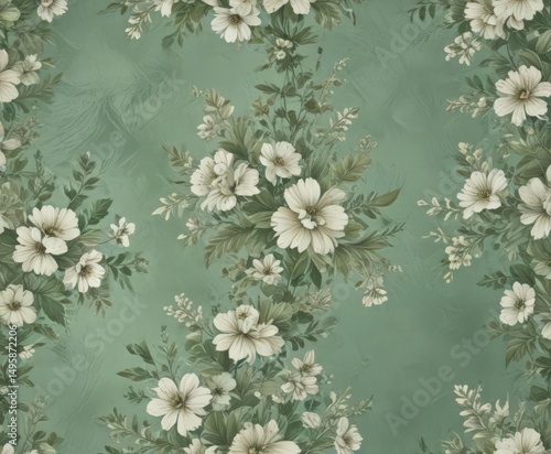 Subtle green floral grunge backdrop, faded retro floral pattern, image, old, background