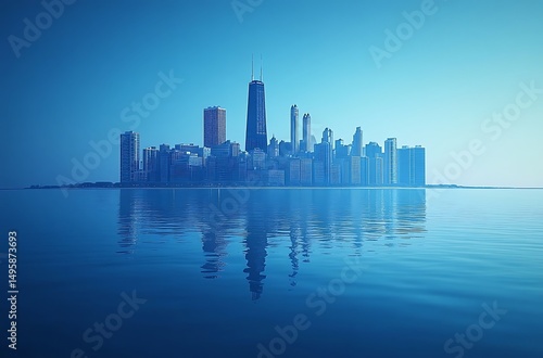 Chicago skyline reflected in tranquil blue waters of lake michigan during daylight