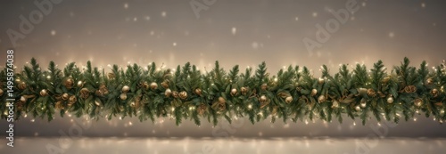 Elegant evergreen garland with twinkling lights, seamless Xmas border , festive, celebration, image