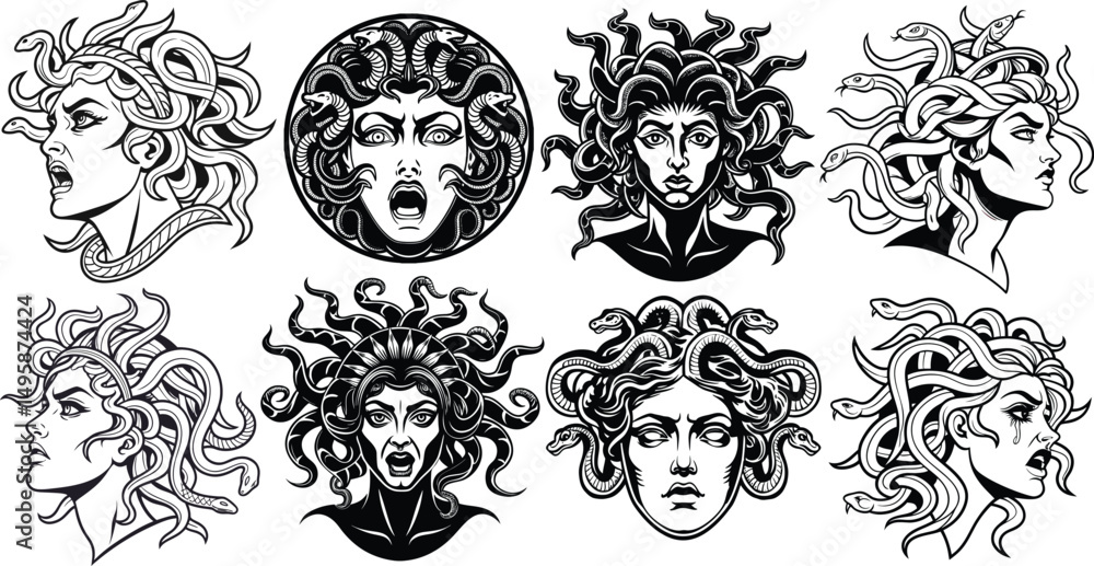 Medusa head vector bundle is a set of sketch-style, generative AI illustration artworks, featuring black and white scratchboard-style engravings, perfect for bold, mythological designs. Medusa head vector bundle is a set of sketch-style, generative AI illustration artworks, featuring black and white scratchboard-style engravings, perfect for bold, mythological designs.