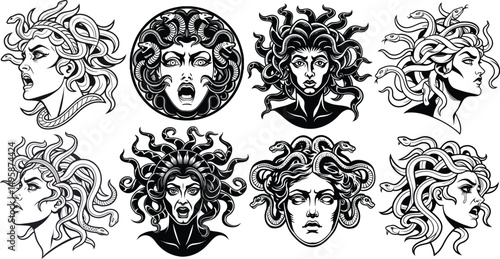 Medusa head vector bundle is a set of sketch-style, generative AI illustration artworks, featuring black and white scratchboard-style engravings, perfect for bold, mythological designs.