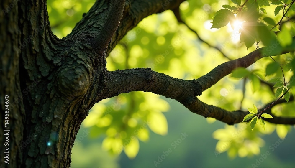 Fototapeta premium Close-up of intertwined family tree branches, sunlight dappled , sunlight, family tree