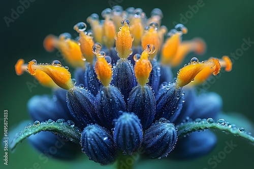 Vibrant Blue and Orange Flower with Dew Drops - Macro Nature Photography for Print and Design