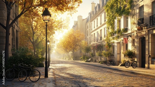 Fototapeta Naklejka Na Ścianę i Meble -  Autumn Sunrise on Parisian Cobblestone Street