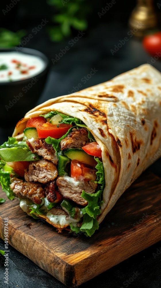 Delicious wrap filled with grilled meat, fresh vegetables, and sauce served on a wooden board Delicious wrap filled with grilled meat, fresh vegetables, and sauce served on a wooden board