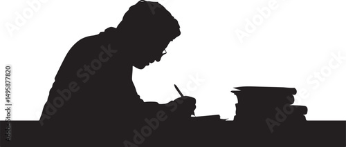 Silhouette of Person Writing at Desk with Stack of Books