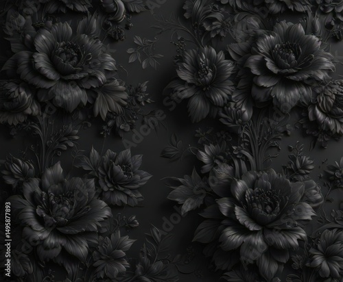 Luxurious black floral wallpaper, rich charcoal tones, classy design , floral pattern, flowers