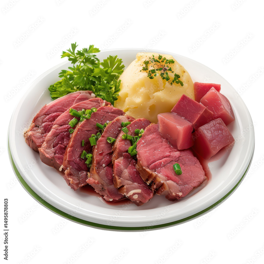 Sliced roast beef served with creamy mashed potatoes and colorful beet cubes Sliced roast beef served with creamy mashed potatoes and colorful beet cubes