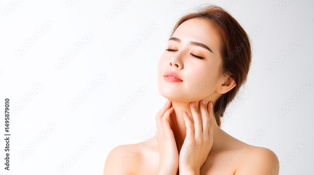 Naklejka premium Woman's gentle touch, exploring wellness, healthcare, and beauty through neck skin care