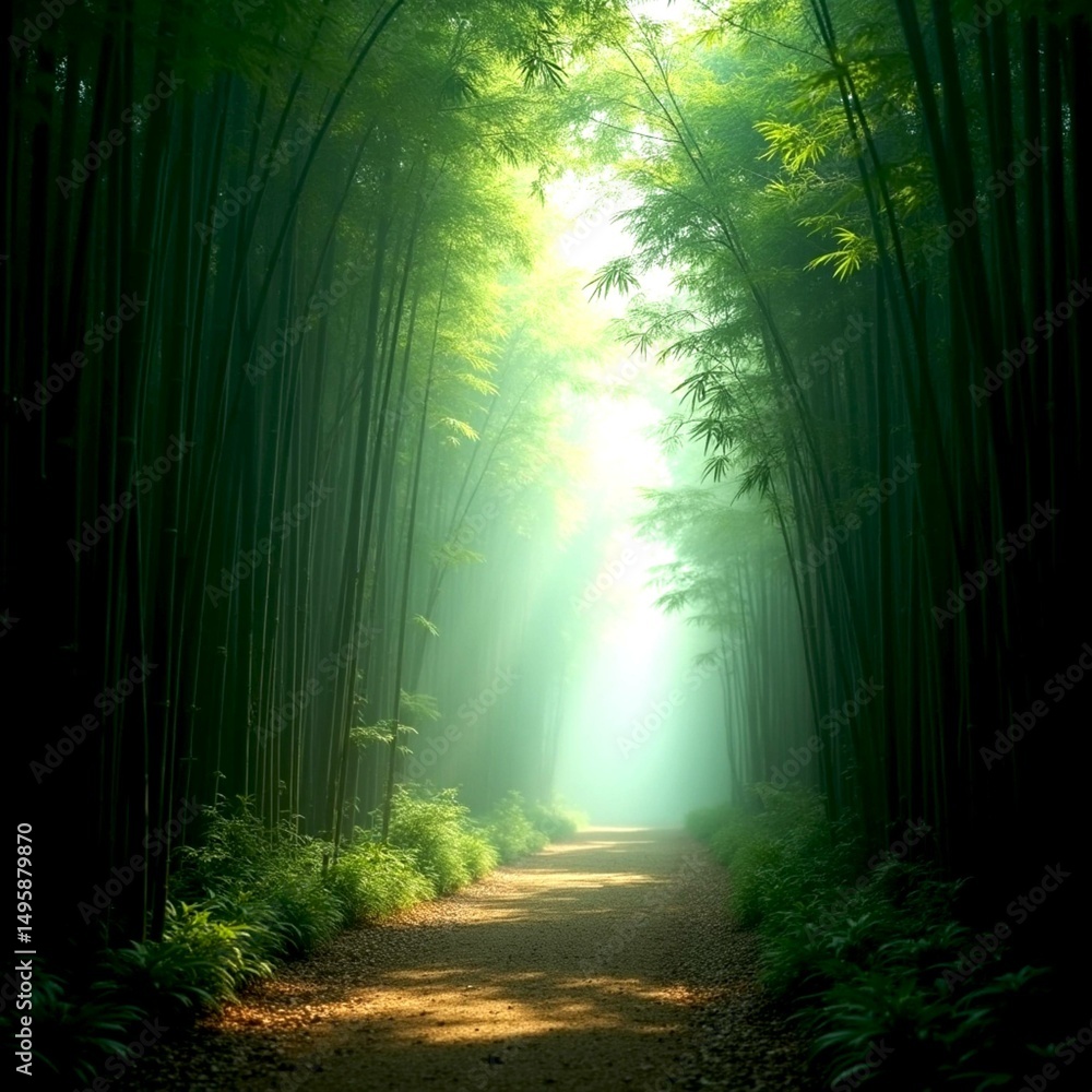 Obraz premium Pathway through a dense bamboo forest with light filtering through