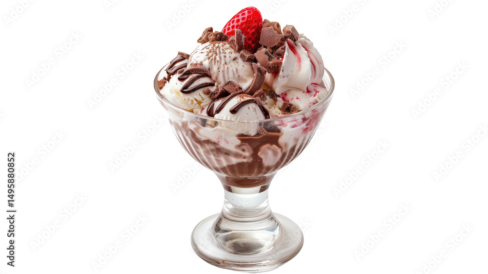 Delicious ice cream sundae with chocolate and strawberry toppings in a clear glass dish Delicious ice cream sundae with chocolate and strawberry toppings in a clear glass dish