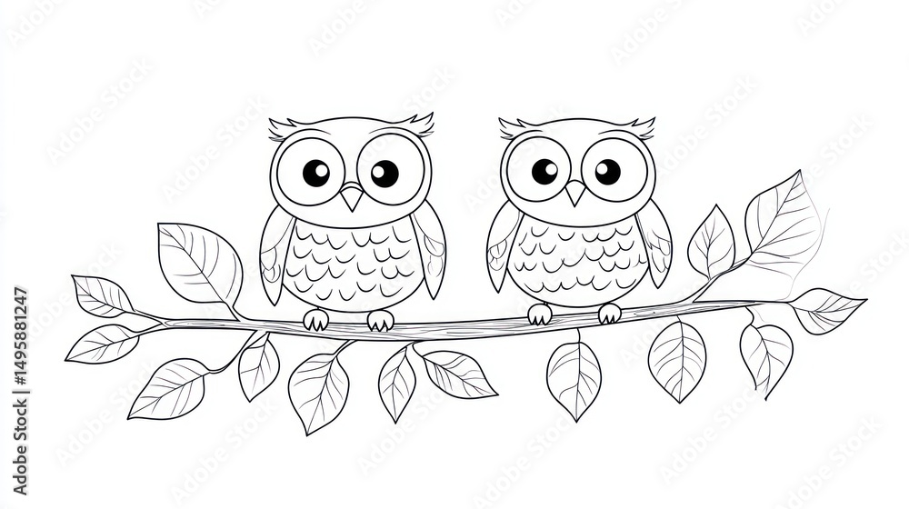Fototapeta premium Cute Owls on Branch - Coloring Page