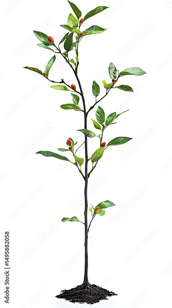Fototapeta premium A solitary young plant bearing berries and green leaves isolated against a white background.