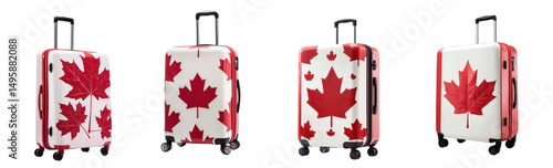 White suitcase with red maple leaf print, perfect for traveling during Canada Day celebrations, transparent background